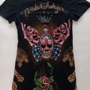 Y2k Christian Audigier Shirt Small Womens Skull Butterfly Tiger Classic Long Tee